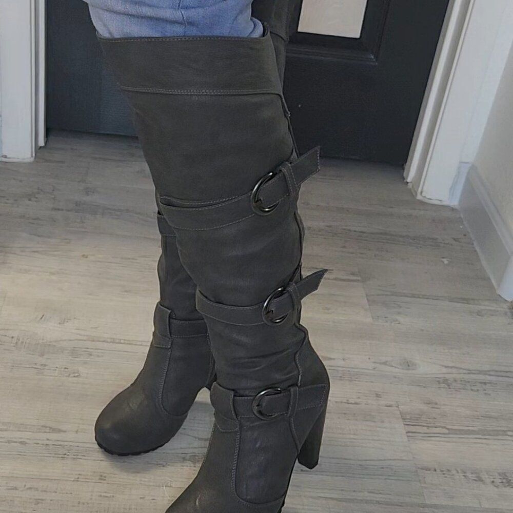 Dark Grey Knee Heeled Boots Size 8